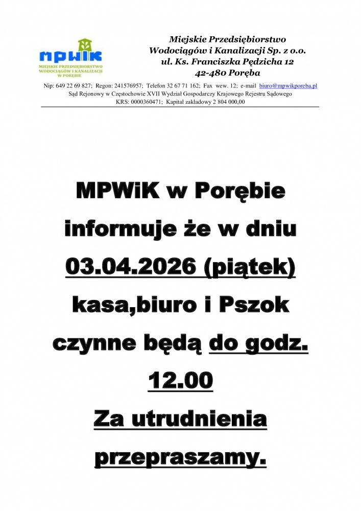 Zdjęcie: W piątek 03.04.2026 pracujemy kr&oacute;cej.